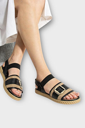 Kadın Tokalı Hasır Tek Bant Lastik Detaylı Sandalet SİYAH