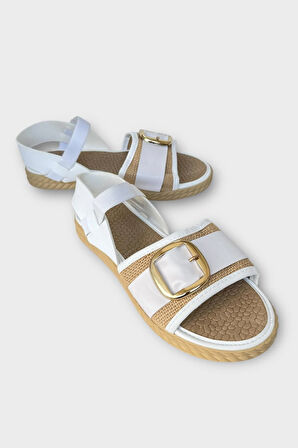 Kadın Tokalı Hasır Tek Bant Lastik Detaylı Sandalet BEYAZ