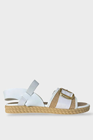 Kadın Tokalı Hasır Tek Bant Lastik Detaylı Sandalet BEYAZ