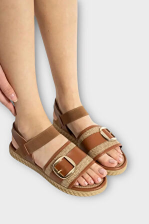 Kadın Tokalı Hasır Tek Bant Lastik Detaylı Sandalet TABA