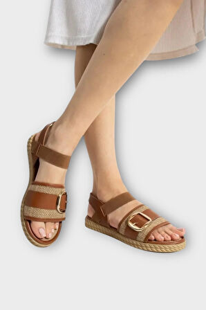 Kadın Tokalı Hasır Tek Bant Lastik Detaylı Sandalet TABA