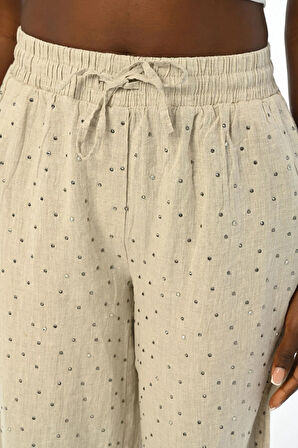 KADIN BELİ LASTİKLİ BOL PAÇA ÖNÜ TAŞ İŞLEMELİ KETEN PANTOLON