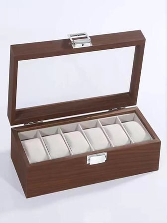 MUZEKO Ahşap 6 Bölmeli Saat kutusu Cam Kapaklı Saat Düzenleme Organizer Kahve Krem MZKHHT6W 44