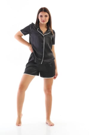 Laperissa Kadın Siyah Saten Dokuma Dantel Biyeli Pijama Takımı Alt Üst Kısa Kollu