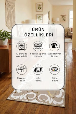 Yıkanabilir Kaymaz Ferman Çizgi Beyaz Dijital Baskılı Yolluk Halı Tüy Tutmaz