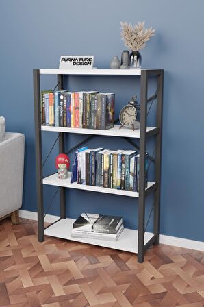Metal Kitaplık 4 Raflı Dekoratif Kitaplık Raf Beyaz