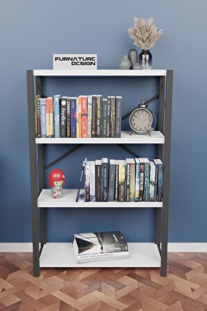 Metal Kitaplık 4 Raflı Dekoratif Kitaplık Raf Beyaz