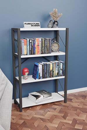 Metal Kitaplık 4 Raflı Dekoratif Kitaplık Raf Beyaz