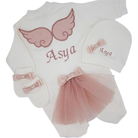 Melek Kanatlı Kız Bebek Hastane Çıkışı 3 lü Set Koyu Pudra