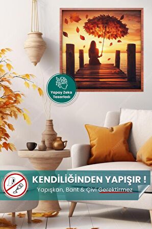 Yapraktan Şemsiyeli İskelede Oturan Kadın-Empresyonizm Tarz Statik Tutunan Akıllı Kağıt Duvar Poster