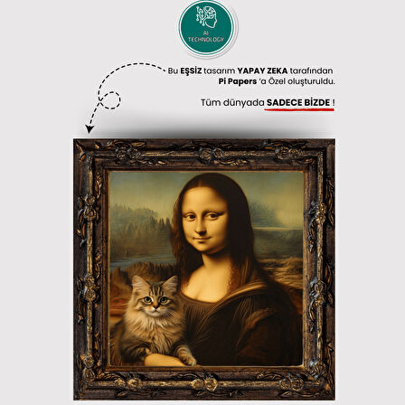 Mona Lisa & Kedi Posteri, Yapışkansız Tutunan Premium Baskı Statik Kağıt Poster, Yapay Zeka Tasarım