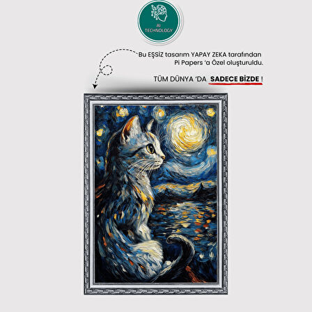 Yıldızlı Gece Kedi Posteri, Akıllı Kağıt Premium Eşsiz Tasarım Poster, Van Gogh Tablo,Duvar Posteri