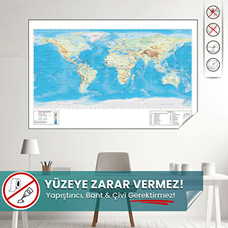 Dünya Fiziki Harita - Yüzeye Zarar Vermez, Yapışkansız Tutunan Statik Sihirli Akıllı Kağıt Harita