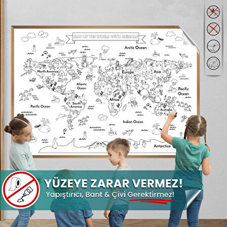 Hayvanlı Harita Boyama, Yüzeye Zarar Vermeyen Sihirli Kağıt, Eğlenceli Çocuk ve Oyun Odası Sticker