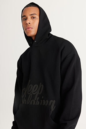 Erkek Siyah Oversize Fit Bol Kesim Kapüşonlu Içi Polarlı 3 Iplik Baskılı Sweatshirt