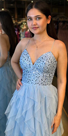 Mavi İp Askılı Boncuk İşlemeli Sırt Dekolteli  Kloş Etekli Tül Uzun Abiye Elbise 7588