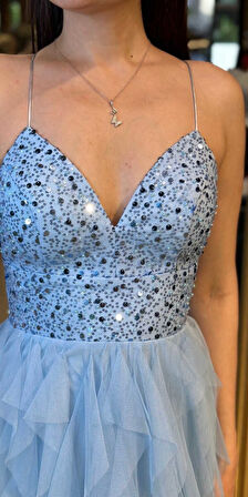 Mavi İp Askılı Boncuk İşlemeli Sırt Dekolteli  Kloş Etekli Tül Uzun Abiye Elbise 7588