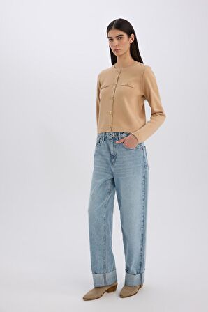 DeFacto Regular Fit Bisiklet Yaka Basic Düz Altın Metal Düğmeli Triko Hırka C1500AX24WNBG243