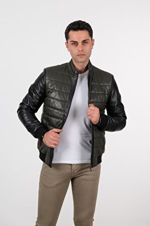 Deri Effect Erkek Haki Şişme Hakiki Deri Ceket