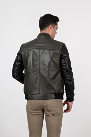 Deri Effect Erkek Haki Şişme Hakiki Deri Ceket