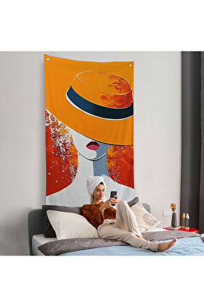 Turuncu Şapkalı Retro Kadın Duvar Örtüsü-7589