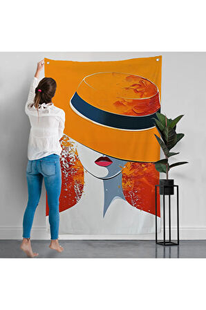 Turuncu Şapkalı Retro Kadın Duvar Örtüsü-7589