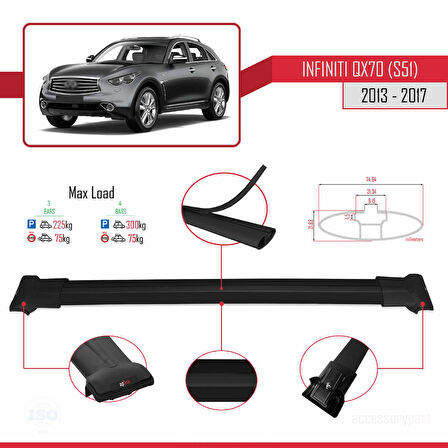 Infiniti QX70 (S51) 2013-2017 Arası ile Uyumlu FLY Model Ara Atkı Tavan Barı Siyah 3 Adet