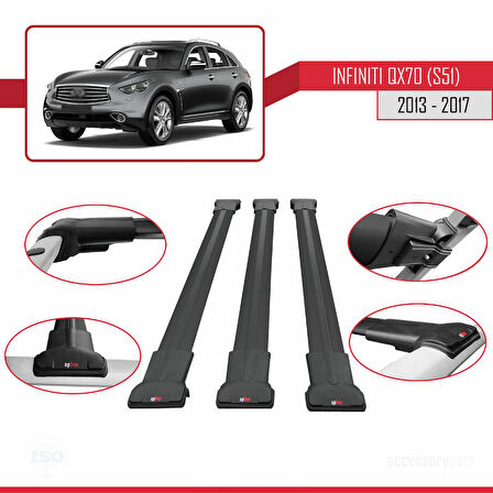 Infiniti QX70 (S51) 2013-2017 Arası ile Uyumlu FLY Model Ara Atkı Tavan Barı Siyah 3 Adet