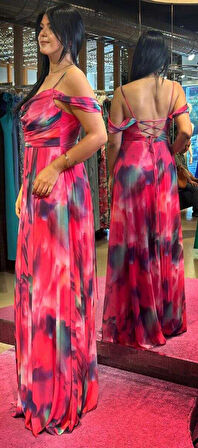 Fuşya  İp Askılı  Sırt Dekolteli  Kloş Etekli Desenli Uzun Abiye Elbise 7592