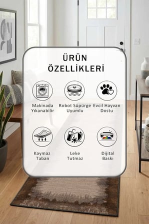 Vizon Kahve Modern Dijital Baskı Yıkanabilir Kaymaz Yolluk Halı Vizon Kahve