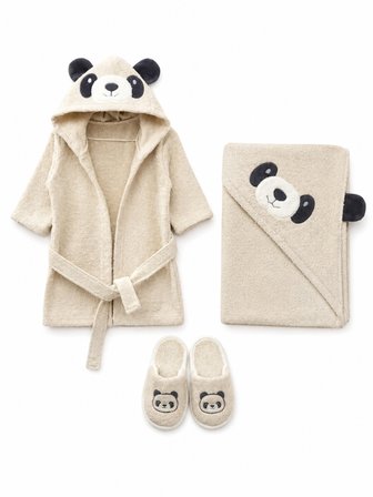 %100 Pamuk Panda Figürlü Bebek Bornoz Seti – Yenidoğan ve Bebekler İçin Yumuşak Dokulu Bornoz, Havlu ve Terlik Takımı