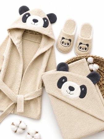 %100 Pamuk Panda Figürlü Bebek Bornoz Seti – Yenidoğan ve Bebekler İçin Yumuşak Dokulu Bornoz, Havlu ve Terlik Takımı