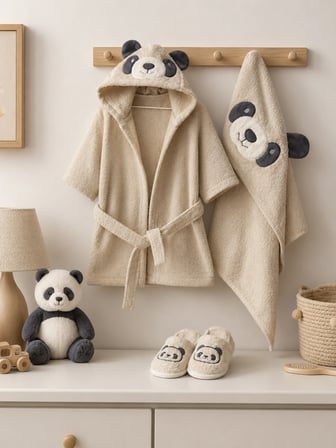%100 Pamuk Panda Figürlü Bebek Bornoz Seti – Yenidoğan ve Bebekler İçin Yumuşak Dokulu Bornoz, Havlu ve Terlik Takımı