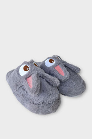 Kadın KışlıkTavşan Figürlü Kaydırmaz Taban Ev Terliği Panduf FÜME