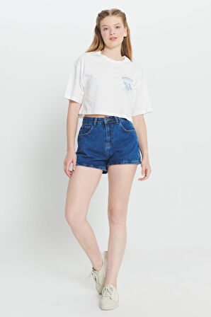 Oversize Fit Bol Kesim %100 Pamuk Bisiklet Yaka Baskılı Crop Tişört