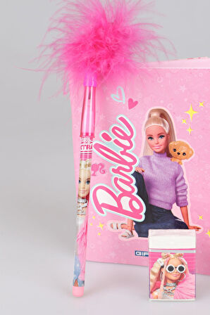 YENİ SEZON LİSANSLI BARBIE NOT DEFTERİ ,TÜYLÜ GEÇMELİ KURŞUN KALEM VE SİLGİ SETİ 