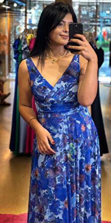 Saks Kalın Askı  Kloş Etekli Desenli Uzun Abiye Elbise 7594