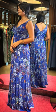 Saks Kalın Askı  Kloş Etekli Desenli Uzun Abiye Elbise 7594