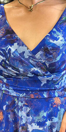 Saks Kalın Askı  Kloş Etekli Desenli Uzun Abiye Elbise 7594