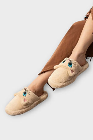 Kadın Kışlık Kedi Figürlü Kaydırmaz Taban Ev Terliği Panduf KAHVERENGİ