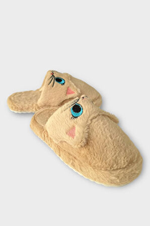 Kadın Kışlık Kedi Figürlü Kaydırmaz Taban Ev Terliği Panduf KAHVERENGİ