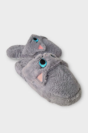 Kadın Kışlık Kedi Figürlü Kaydırmaz Taban Ev Terliği Panduf FÜME