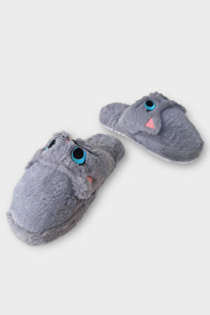 Kadın Kışlık Kedi Figürlü Kaydırmaz Taban Ev Terliği Panduf FÜME