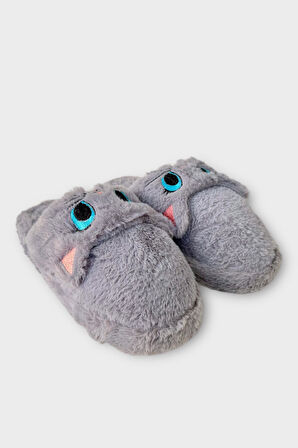 Kadın Kışlık Kedi Figürlü Kaydırmaz Taban Ev Terliği Panduf FÜME