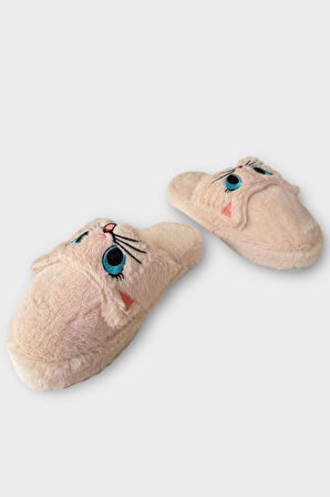 Kadın Kışlık Kedi Figürlü Kaydırmaz Taban Ev Terliği Panduf PUDRA