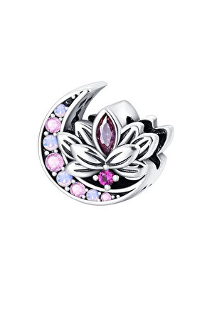 Mor Taşlı Hilal ve Lotus Charm | 925 Ayar Gümüş