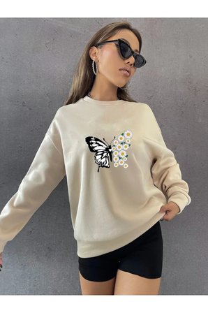 Unisex Papatya Kelebek Baskılı Tasarım Oversize Bisiklet Yaka Sweatshirt