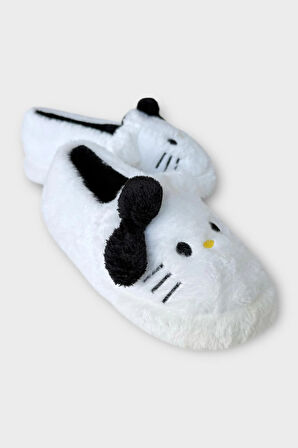 Kışlık Kadın HelloKitty Figürlü Kaydırmaz Taban Ev Ayakkabısı Panduf BEYAZ - SİYAH