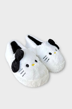 Kışlık Kadın HelloKitty Figürlü Kaydırmaz Taban Ev Ayakkabısı Panduf BEYAZ - SİYAH