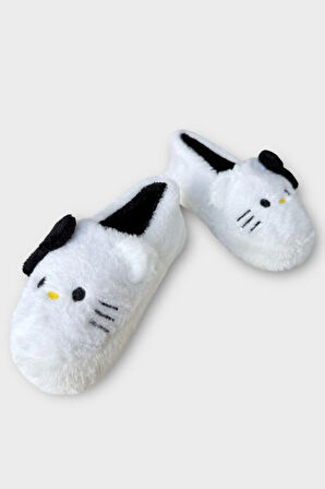 Kışlık Kadın HelloKitty Figürlü Kaydırmaz Taban Ev Ayakkabısı Panduf BEYAZ - SİYAH